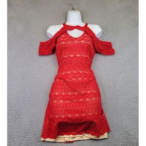 Francesca's Dress Size Medium? Red Cold Shoulder a Line Knee Length Lace Overlay